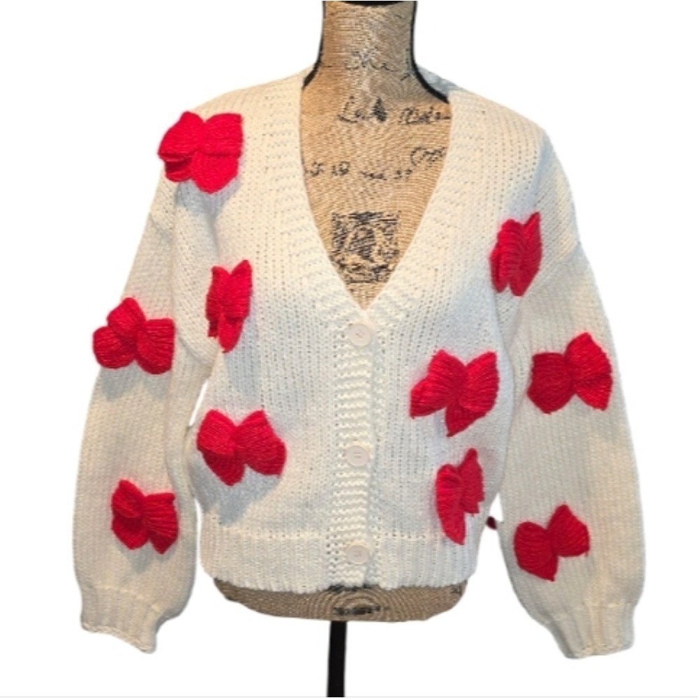 Luna Ivy White Red 3D Bows‎ Chunky Crochet Festive Present Cardigan Sweater New
